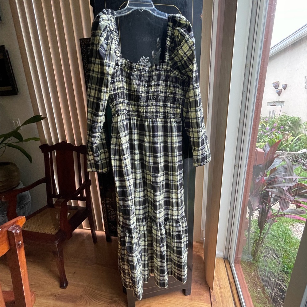 Ganni Black and Olive Striped Smocked dress - Branded Tag Visible